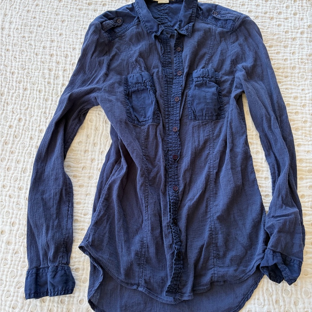 Anthropologie Navy Button-Up Long Sleeve Blouse
